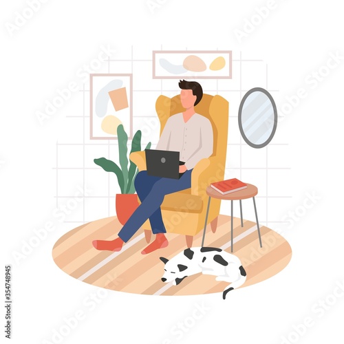 Man working remote from home sitting on chair vector illustration. Person drinking coffee with laptop flat style. Freelance concept. Isolated on white background