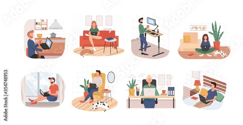 Set of remote working from home or any place vector illustration. Woman on sofa man in bed flat style. Freelance and convenient job concept. Isolated on white background