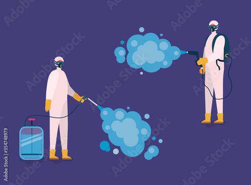Men spraying with protective suits gloves and bottle vector design