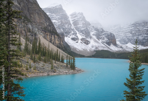 Fototapeta Naklejka Na Ścianę i Meble -  Beautiful glacier lake in Canadian Rockies, shot at Moraine Lake, Banff National Park, Alberta, Canada