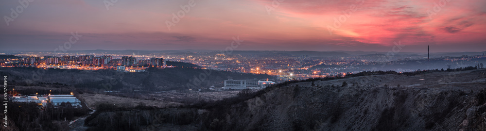Panorama of Brno in Czech Republic after sunset. Citylights panorama. 