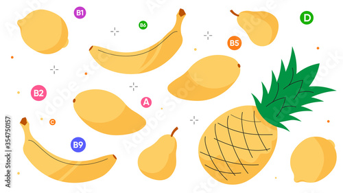 Fototapeta Naklejka Na Ścianę i Meble -  Tropical fruits and vitamins: banana, pineapple, mango, lemon, pear. Bright background with healthy fruits in yellow. Illustration  