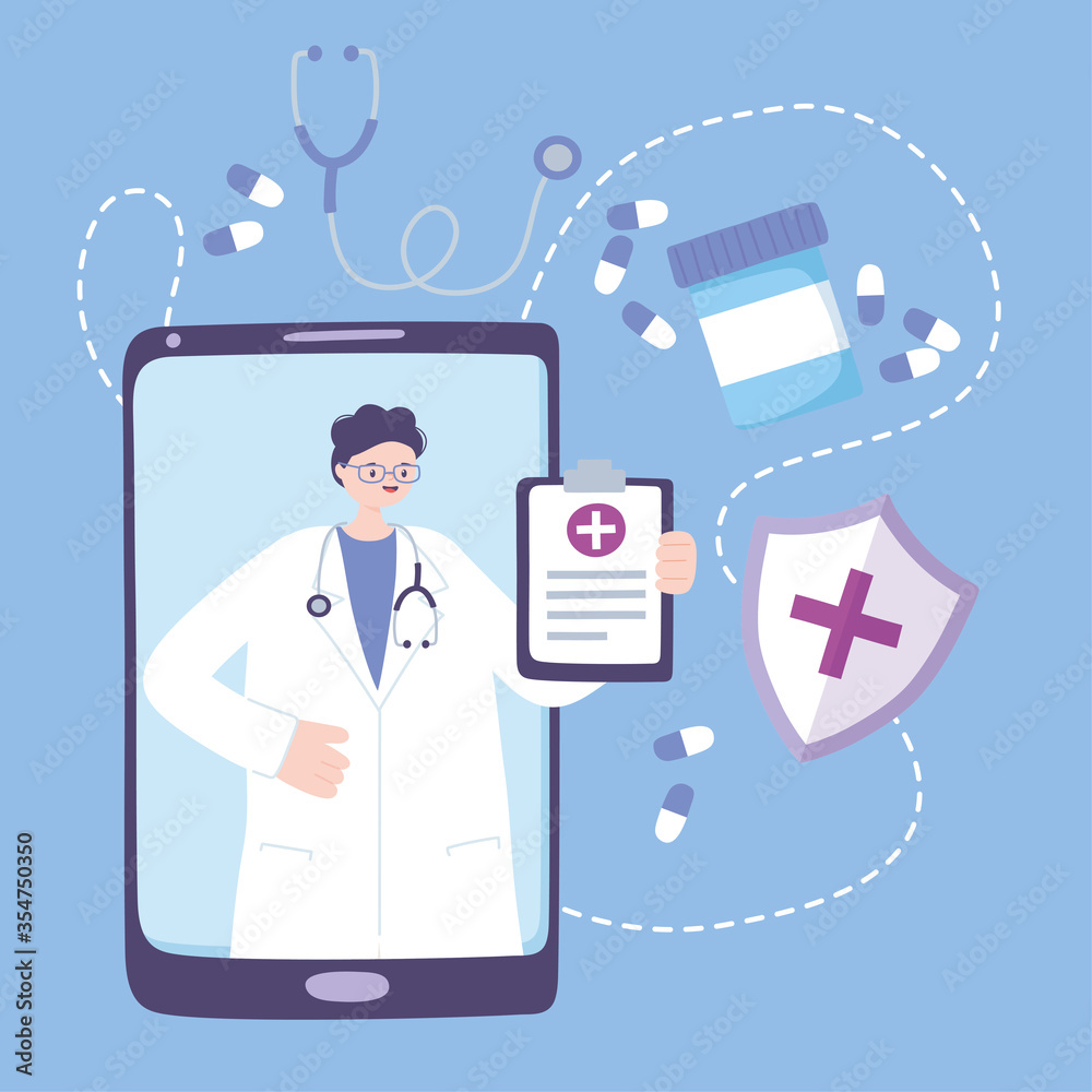 Φωτογραφία telemedicine, smartphone male doctor with report medical prescription medication