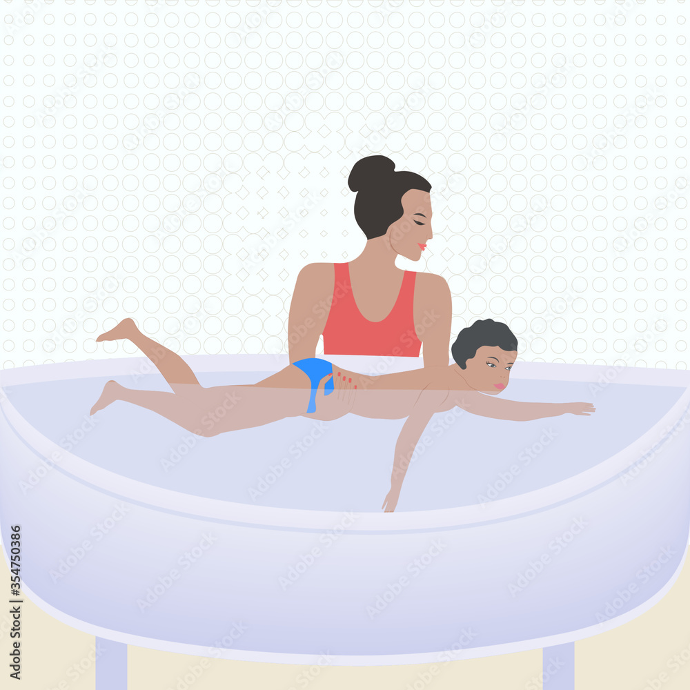 Mother teaches her child to swim in the bath - vector.Care for children. Mental health Mother teaches her child to swim in the bath - vector.Care for children. Mental health