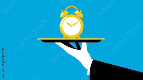 Time management concept. The waiter offers alarm clock on tray. The concept of time, value of time and priority. Vector illustration in modern flat style.