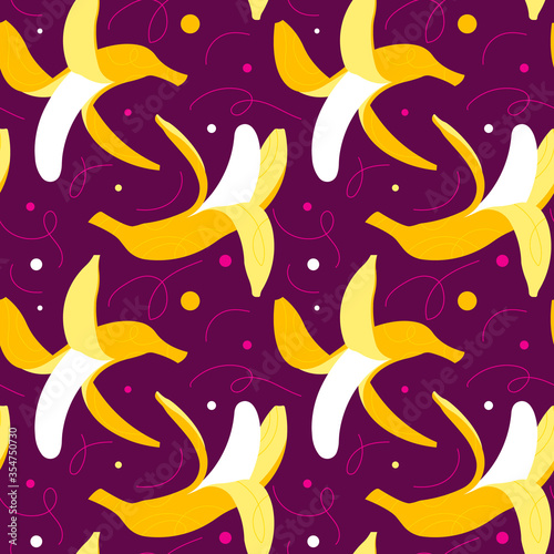 Tropical banana pattern. Purple background seamless vector pattern.
