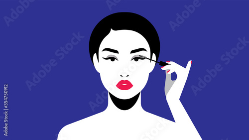 Beautiful woman paints eyelashes. Abstract young beautiful girl and makeup. Mascara. Bright flat vector illustration. Beauty and personal care concept.