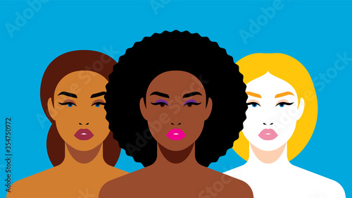 Multi-ethnic beauty. Different ethnicity women: African, European, Latin American. Women different nationalities and cultures. The struggle for rights, independence, equality.
