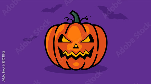 Pumpkin for Halloween. Funny pumpkin with a carved face. Little bats. Purple background.