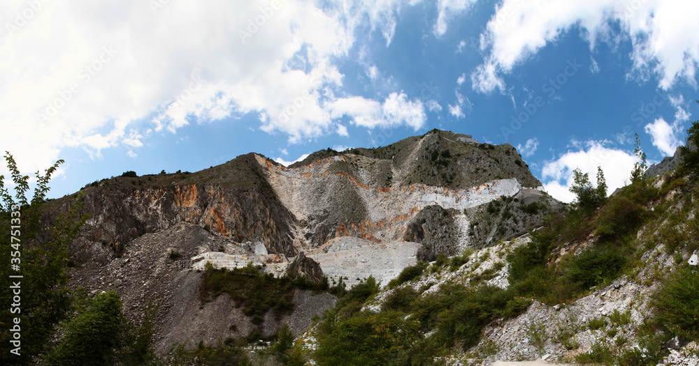 Panoramic view of marble quarry from Vara bridge. Carrara. Apuan Alps. 
