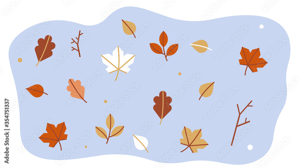 Obraz premium Leaf fall. Fall leaves in the air: oak, maple, birch, poplar. Minimalistic flat style. Set of elements for decoration, design, banner.