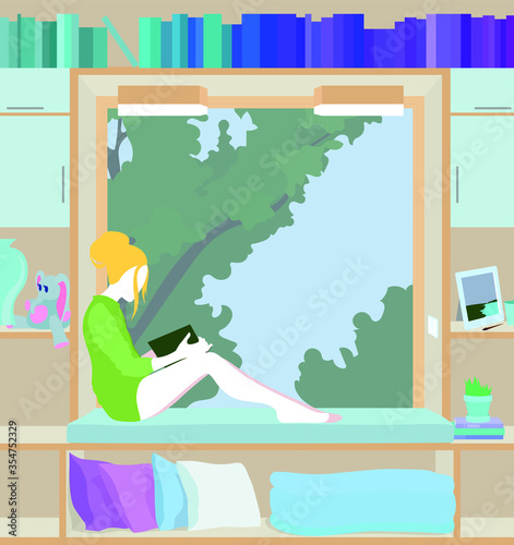 Girl is reading book at home. Little library with big window. Comfortable place for spending time. Stay at home