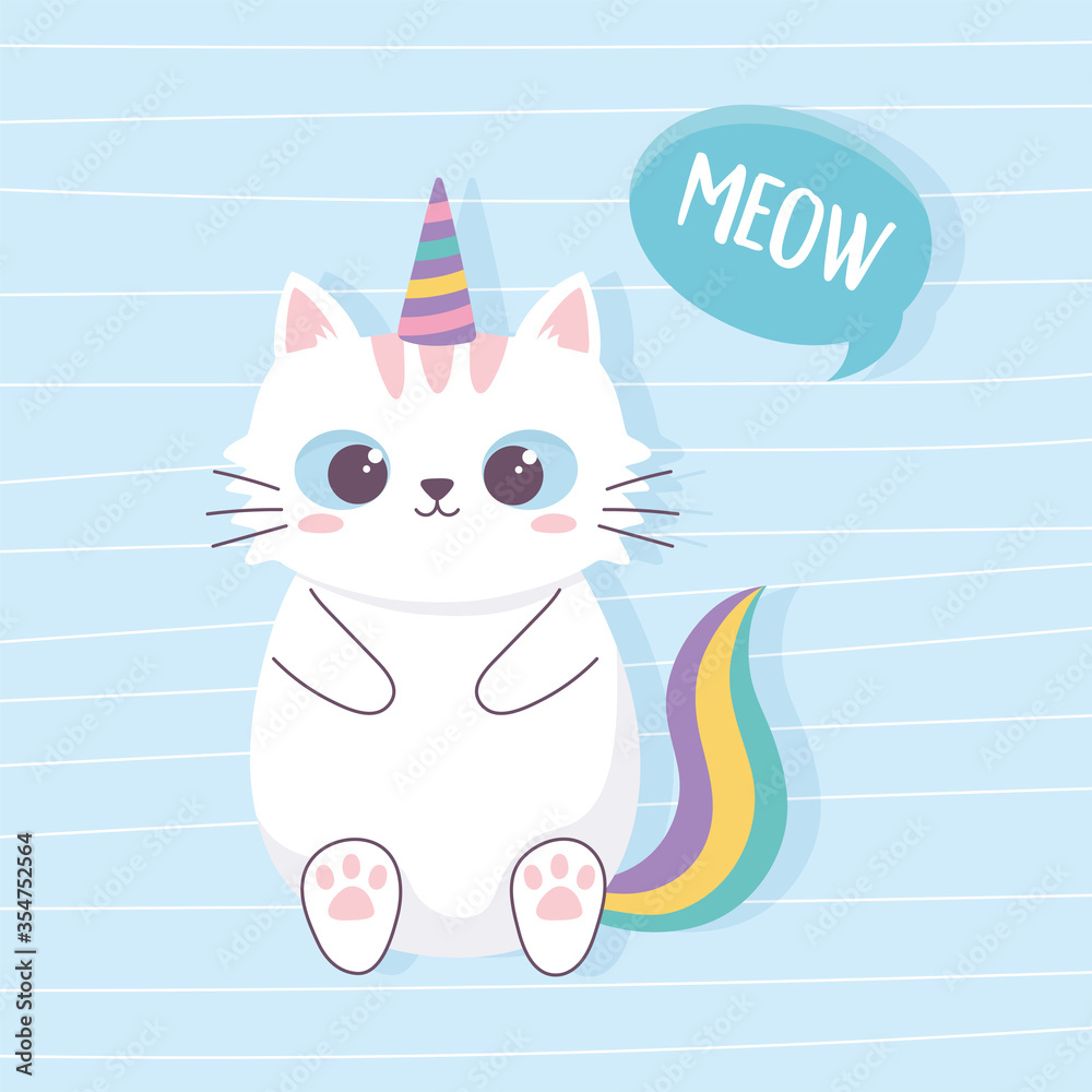 cute cat with unicorn horn and tail cartoon animal funny character