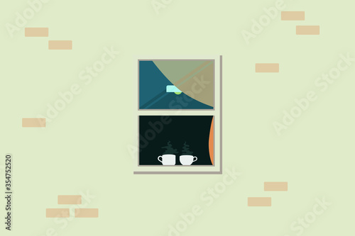 Window on a brick wall. Light curtain. Steaming cups with coffee. Chandelier. Light colors 