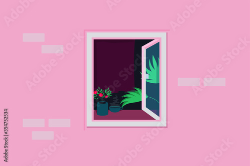 Window on a brick wall. Red tulle. Steaming cup with coffee. Flower pot. Red flower. Pink background