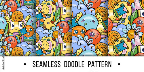 Set of kawaii seamless patterns doodle monsters,cute and fun variety of colors animals