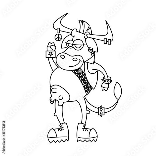 Happy cartoon metal music smiling cow with mohawk hairstyle