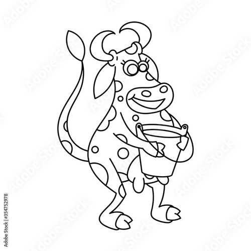 Happy cartoon smiling cow with milk busket