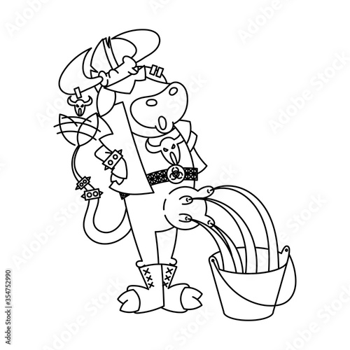 Happy cartoon metal music milking to a bucket cow with mohawk hairstyle