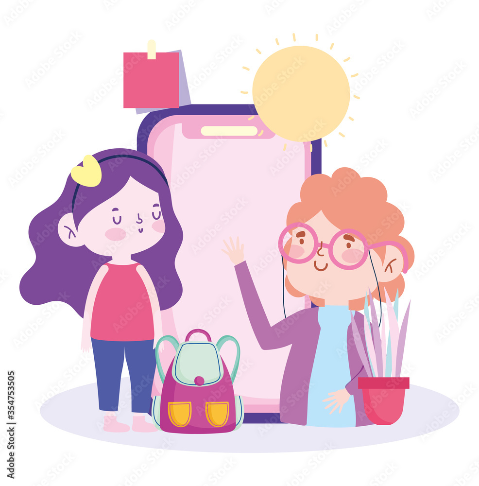 online education, teacher and student girl with backpack, website and mobile training courses online education, teacher and student girl with backpack, website and mobile training courses