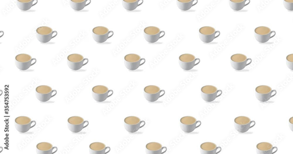 pattern with many coffee cups animated on white background. espresso mugs with hot drink move in different directions pattern with many coffee cups animated on white background. espresso mugs with hot drink move in different directions