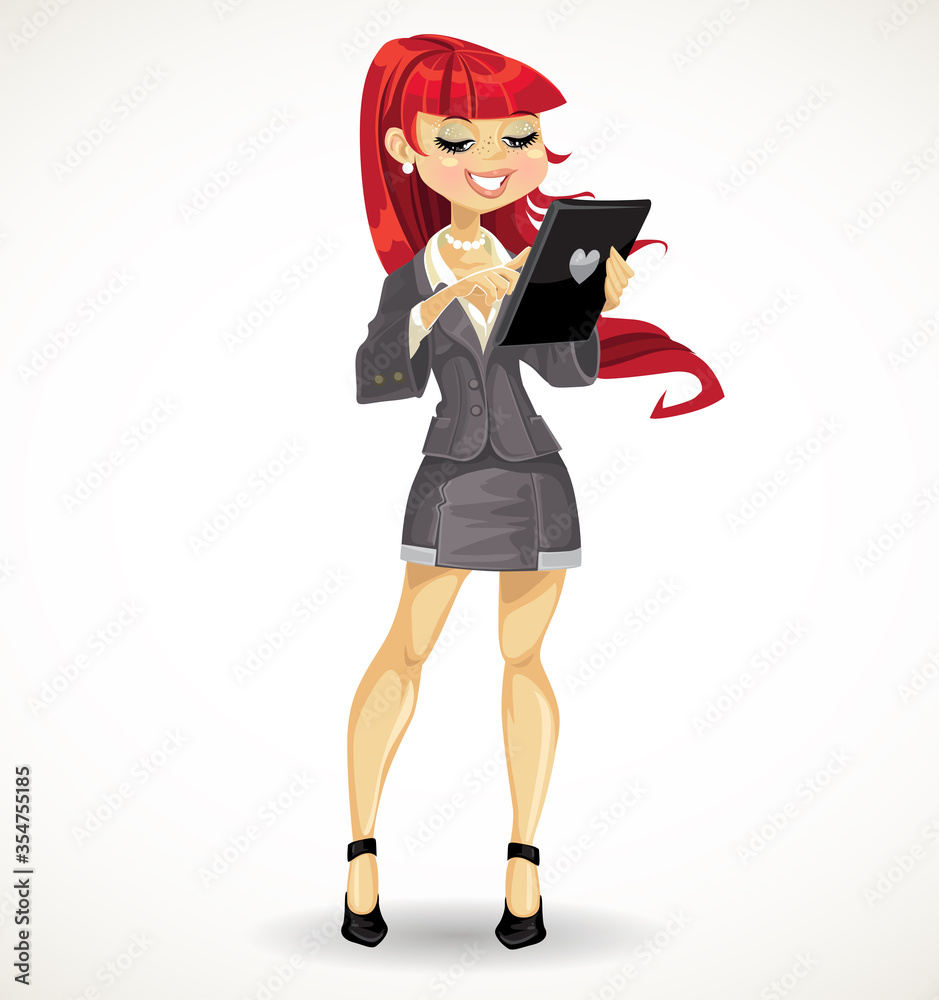 Red haired girl with black tablet computer isolated on a white background Red haired girl with black tablet computer isolated on a white background