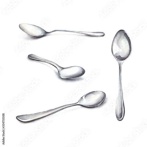 Watercolor drawing of spoons isolated on a white background