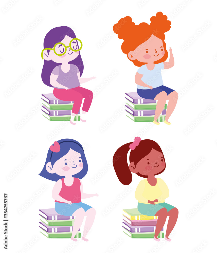 online education, student girls sitting on stack of books, website and mobile training courses online education, student girls sitting on stack of books, website and mobile training courses