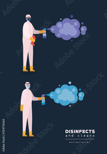 Men spraying with protective suits gloves and bottles vector design