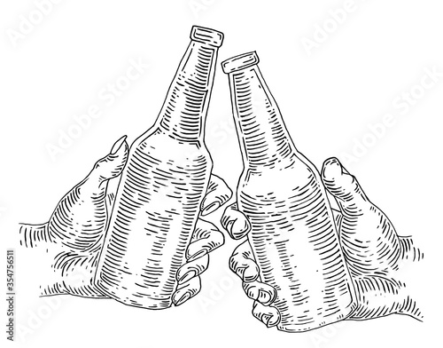 Two hands holding and clinking beer bottle. Vintage engraving