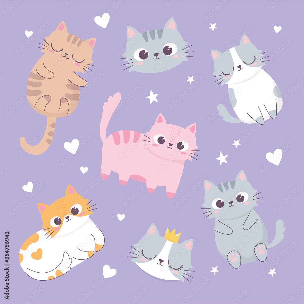 cute cats love hearts heads cartoon animal funny character background