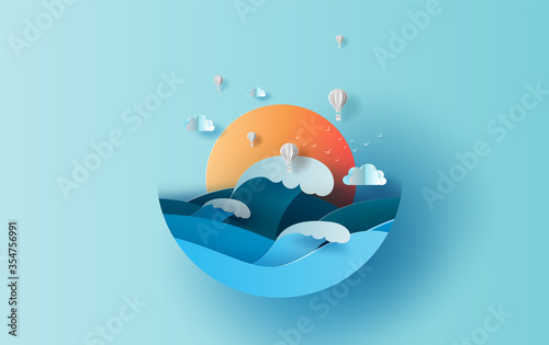 Balloon white hot air of Sea wave view landscape sunlight. travel in holiday summer season circle concept. Graphic design paper cut and craft style. Simple Vacation summertime idea pastel background