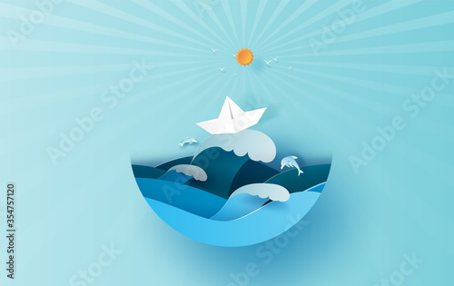 Illustration of travel in holiday summer season sunlight circle concept. Paper cut style.Vacation summertime idea pastel background,Sea wave view with paper boat landscape. Dolphins jumping joyfully