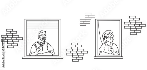 stay home elderly couple. elderly couple looking for a house. The facade of the house with open windows. Neighbors man and woman drink coffee. Self-isolation, quarantine during COVID-19. Stay home