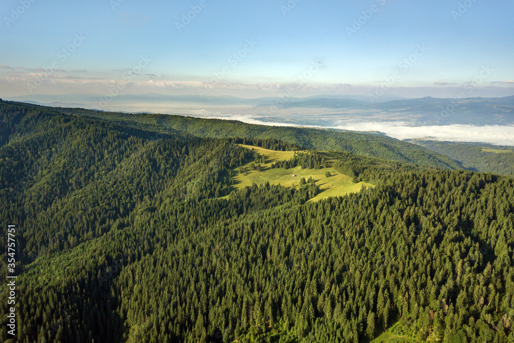 Aerial view of green mountain hills covered with evergreen spruce forest in summer. Aerial view of green mountain hills covered with evergreen spruce forest in summer.
