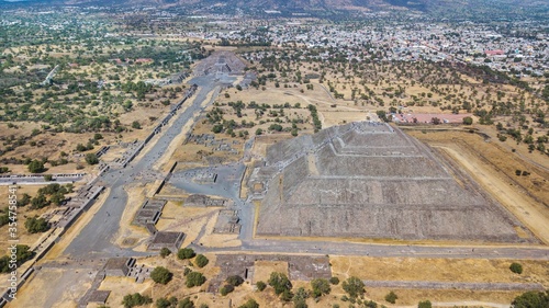 Aerial view of the pyramids of Teotihuacan, ancient Mesoamerican city in Mexico, near of Mexico City -Teotihuacan pyramids Moon and Sun –Aztecs