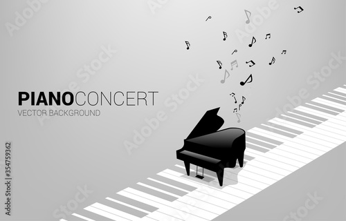 Vector grand piano with on piano key and music note. Concept background for song and concert theme.