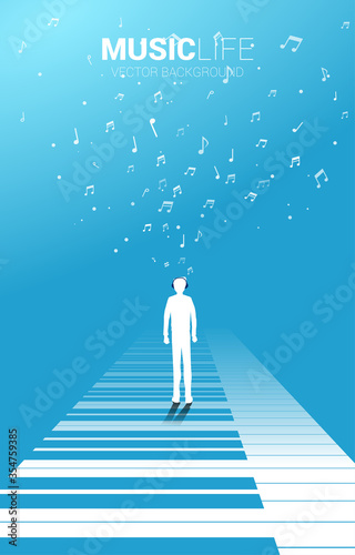 Vector silhouette of man standing with piano key with flying music note . Concept background piano music and recreation.