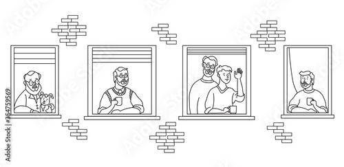 elderly couple looking for a house. windows with people neighbors. The men are old and young. Family - he and he, with a dog, with a cup, with a beard, waved his hand. Self-isolation, quarantine