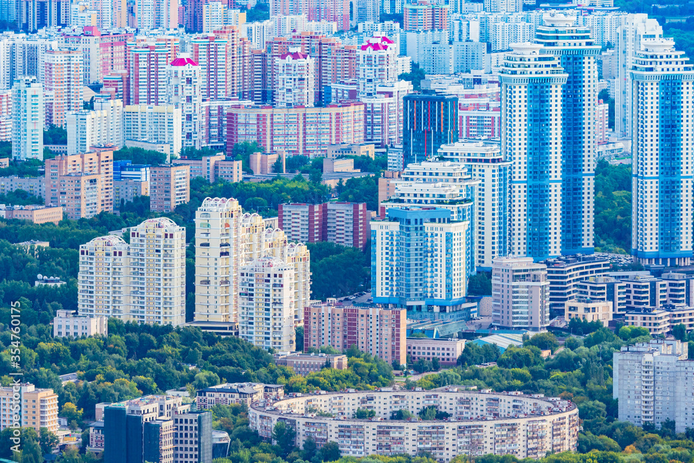 Moscow. Russia. Panorama of the Russian capital from a height. Round houses in Moscow. House-ring in Moscow. Residential quarters of the capital with a drone. Urbanistics. Urban architecture.