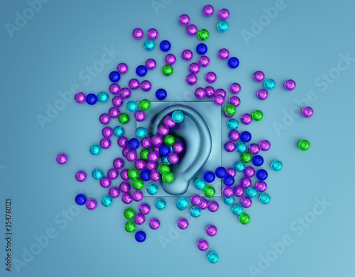 Multicolored orbeez balls scattered on a ASMR microphone. Autonomous Sensory Meridian Response. Relaxing sound concept. 3d illustration photo