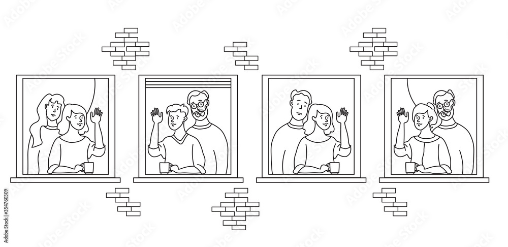 elderly couple looking for a house. windows with people neighbors. elderly and young married couples, non-traditional couple, he and he, she and she, friends. Self-isolation, quarantine. Outline elderly couple looking for a house. windows with people neighbors. elderly and young married couples, non-traditional couple, he and he, she and she, friends. Self-isolation, quarantine. Outline