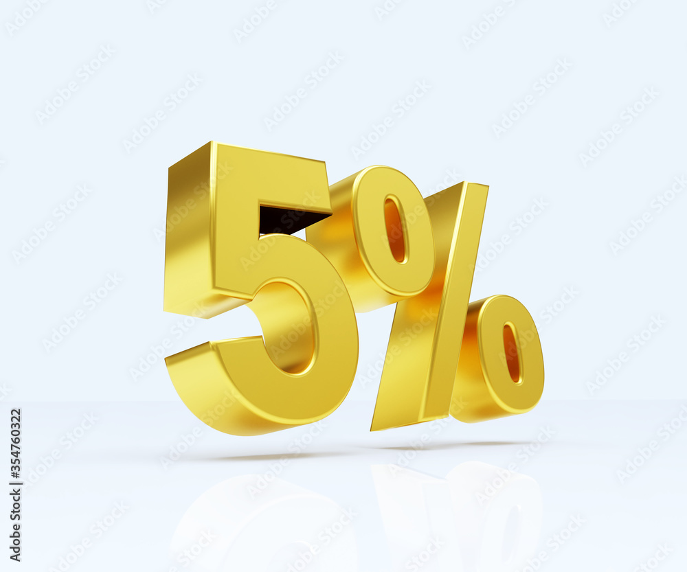 Golden five percent, isolated on white background, 5%, 3d illustration Golden five percent, isolated on white background, 5%, 3d illustration