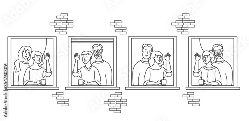 elderly couple looking for a house. windows with people neighbors. elderly and young married couples, non-traditional couple, he and he, she and she, friends. Self-isolation, quarantine. Outline
