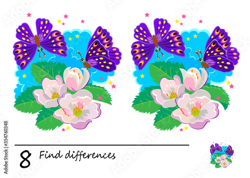 Find 8 differences. Logic puzzle game for children and adults. Printable page for kids brain teaser book. Illustration of butterflies and spring flowers. Task for attentiveness. IQ test. Play online.