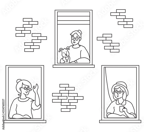 elderly couple looking for a house. windows with people neighbors. Female neighbor, elderly with a dog, with a cup and hat, waves his hand. The concept of social isolation during the coronavirus
