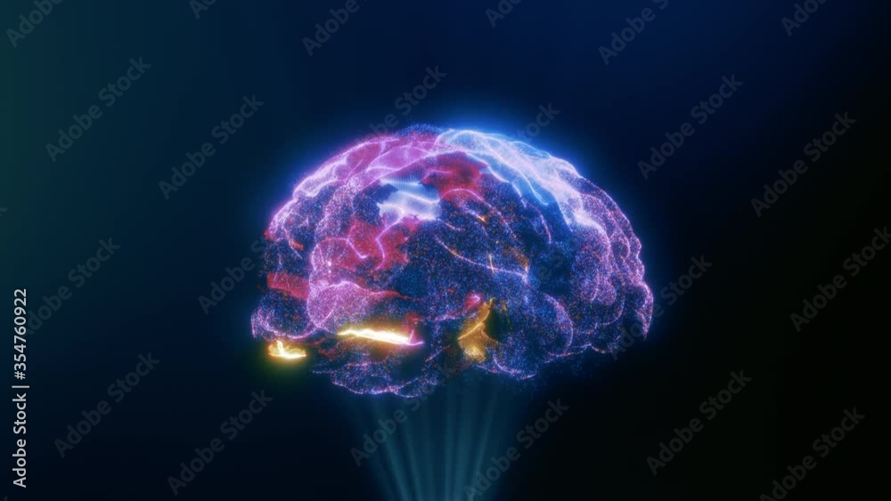 Wireframe 3D Animation of Human Brain. Rotating Brain Model with Neural Network Iridescent Impulses Showing Brainstorming Neuronal Activity. Artificial Intelligence (AI). Scientific Technology. Big