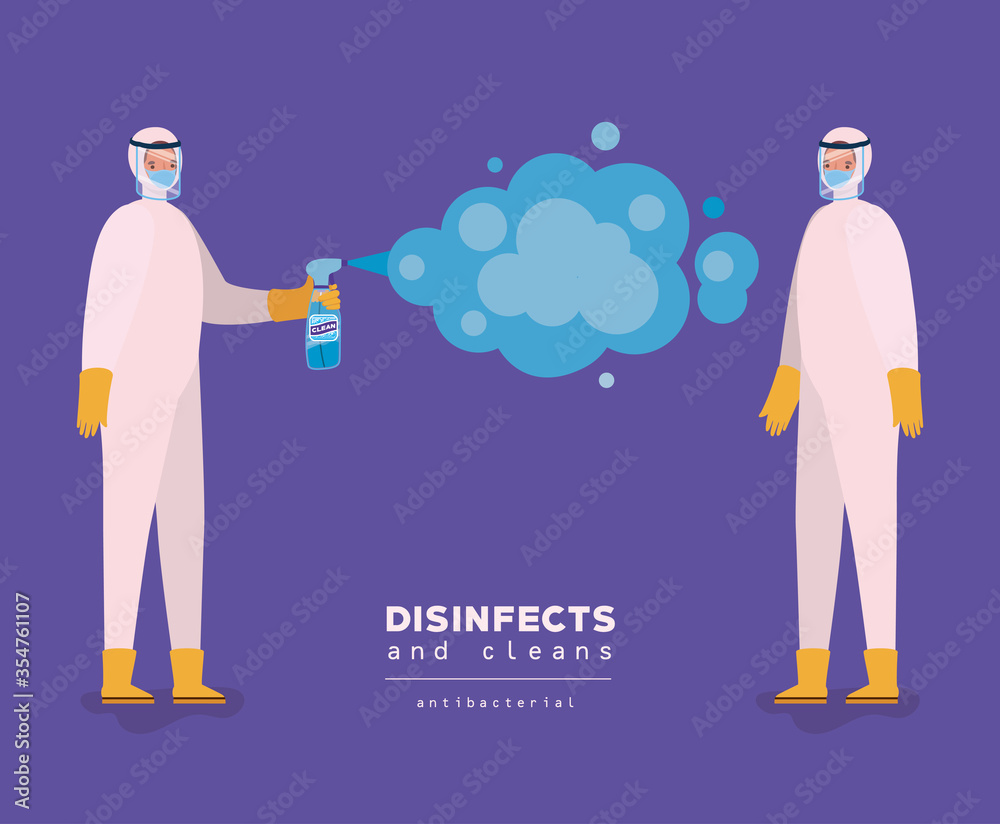 Men spraying with protective suits gloves and bottle vector design Men spraying with protective suits gloves and bottle vector design