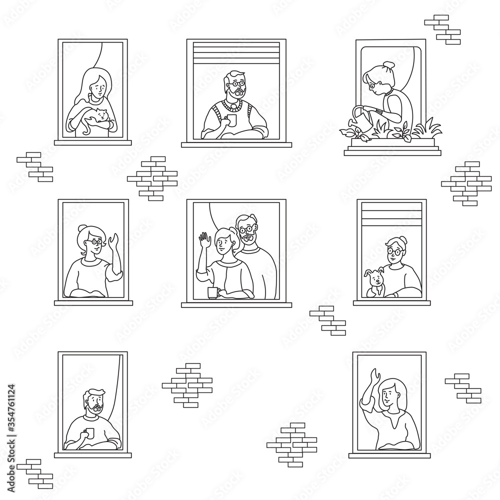elderly couple looking for a house. windows with people neighbors. People look at neighbors, youth and old, different. social isolation during the coronavirus pandemic. Stay home. Line drawing elderly couple looking for a house. windows with people neighbors. People look at neighbors, youth and old, different. social isolation during the coronavirus pandemic. Stay home. Line drawing
