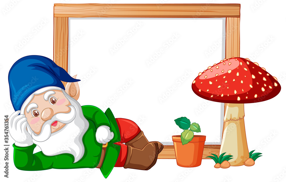 Fototapeta premium Gnome and mushroom with blank banner on white background